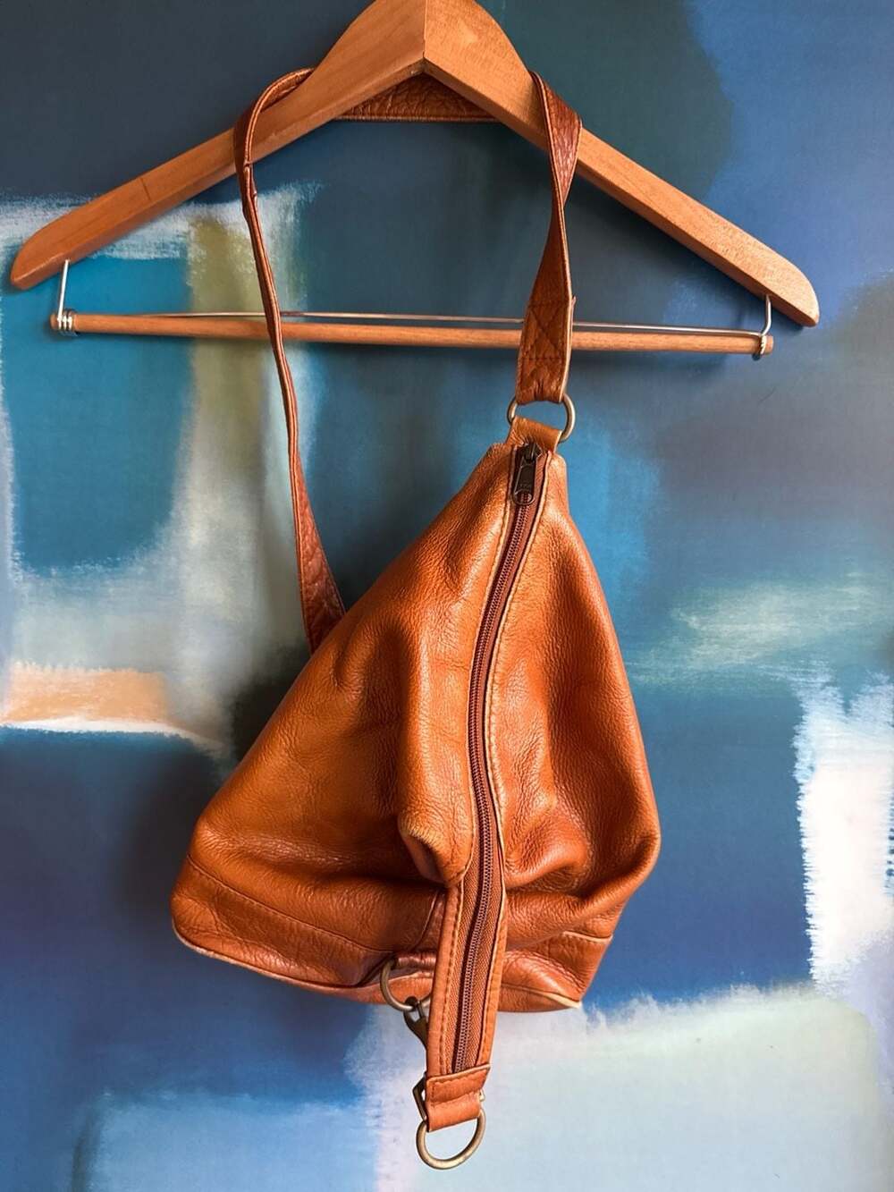 The Walking Co. Brown Pebbled Leather Teardrop Sling Bag Backpack Made in Colomb